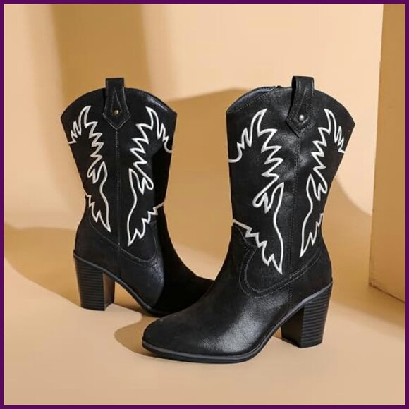 Wide Calf Cowboy Boots with 3.2" Heel, Vegan Leather, Side Zipper - Picture 4 of 8